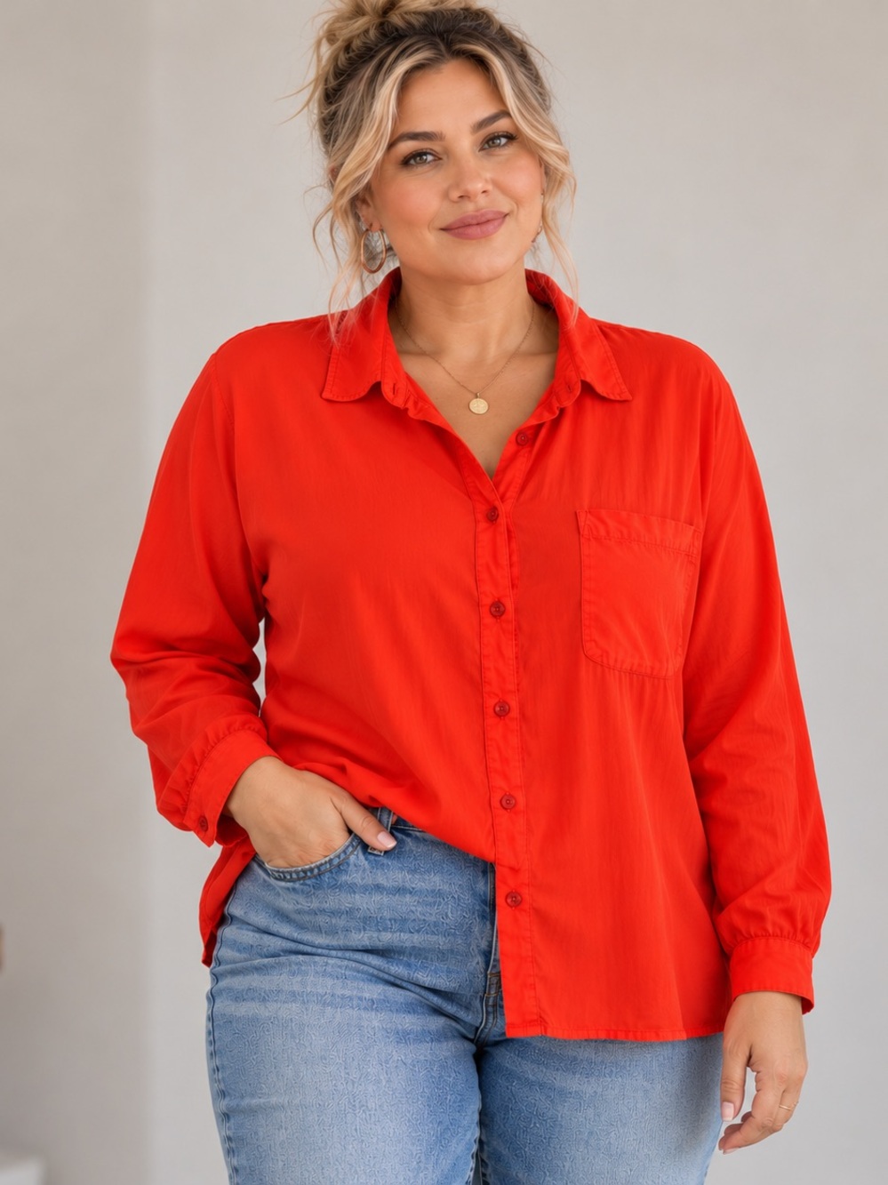 Addition Elle Red Oversized Button-Front Blouse